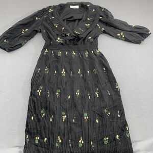 Buru Dress Womens 1X Black Daisy Floral Pleated Midi Long Sleeve Ruffle Boho